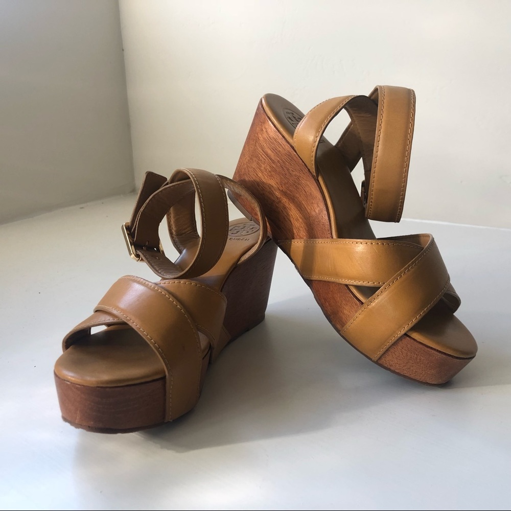 Tory Burch Tan Wood Wedge w/ Ankle Strap